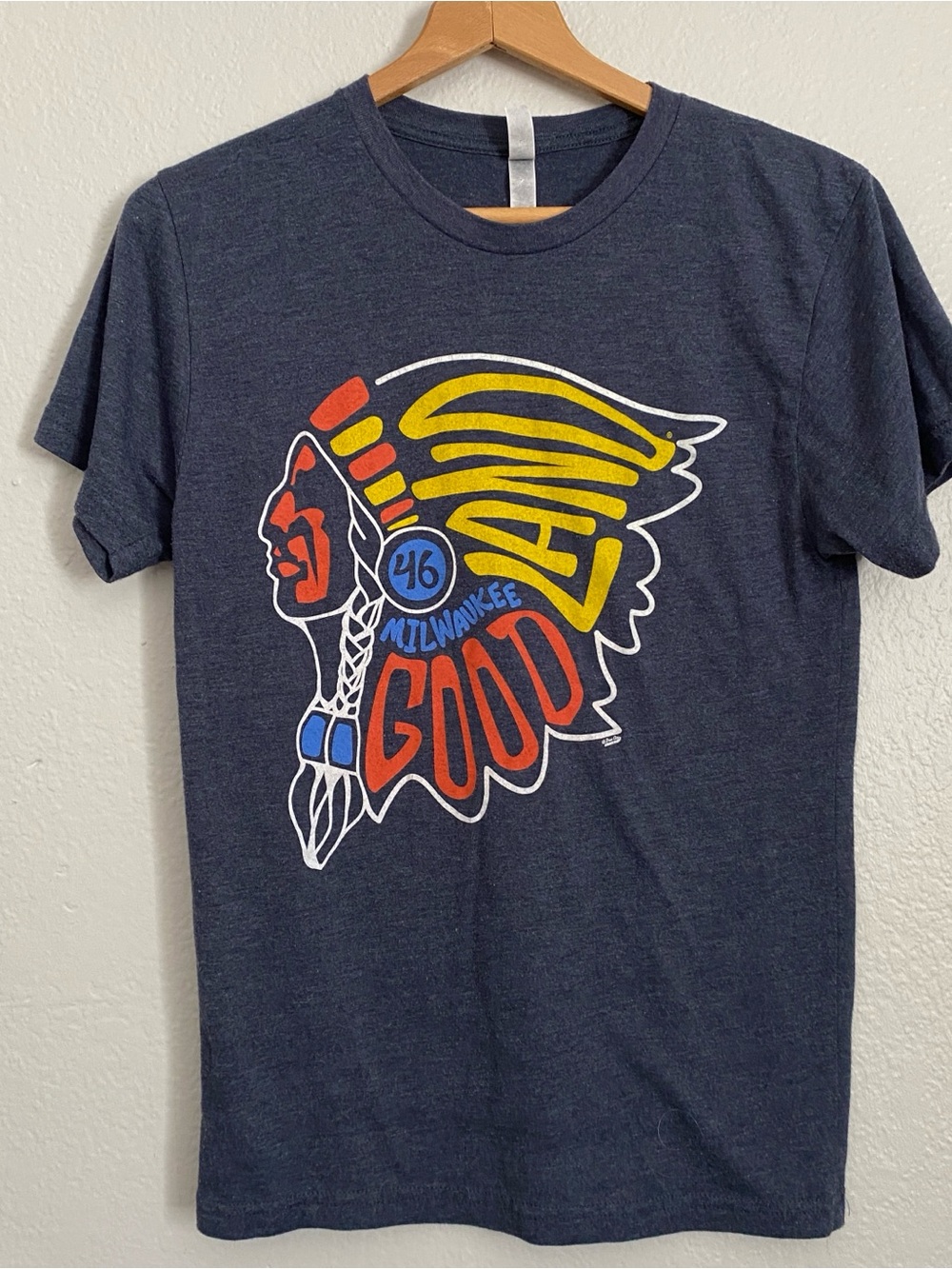 Milwaukee The Good Land T-shirt No Tags 17” Across S? Gray Blue Native Headress